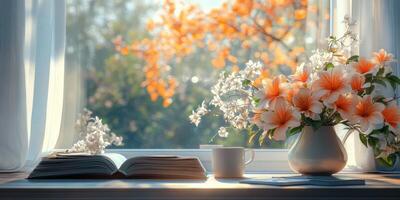 Relaxing morning at home with flowers and a book by the window during fall photo
