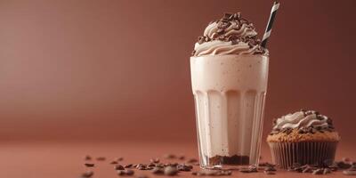 Delicious chocolate milkshake with whipped cream and a chocolate cupcake on a warm backdrop photo