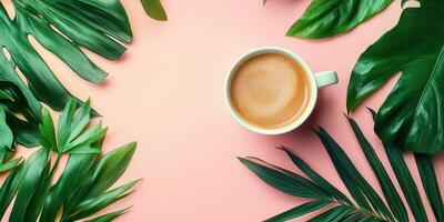 Coffee cup surrounded by lush green leaves on a soft pink surface in a cozy setting photo