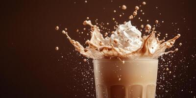 Creamy liquid splashes dramatically from a glass filled with a coffee beverage topped with whipped cream photo