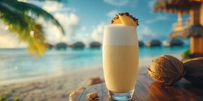 Delicious tropical cocktail served by the beach under a sunny sky with palm trees photo