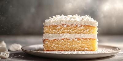 Moist yellow cake with creamy white frosting served on a plate in a cozy kitchen setting during the afternoon photo