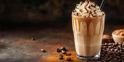 Creamy coffee beverage topped with whipped cream and chocolate sprinkles served in a tall glass photo