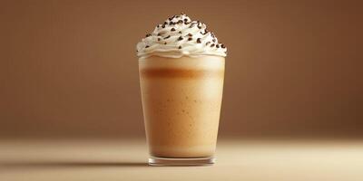 Delicious creamy coffee beverage topped with whipped cream and chocolate sprinkles on a neutral background photo