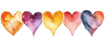 Colorful watercolor hearts in various shades arranged in a row showcasing vibrant artistic expression photo