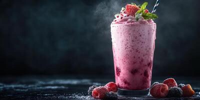 Refreshing berry smoothie topped with mint and fruits in a chilled glass on a dark background photo