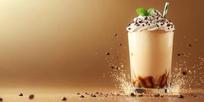 Delicious iced coffee drink with whipped cream and chocolate sprinkles on a golden background photo