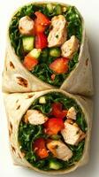 Healthy chicken wrap filled with fresh vegetables served on a white background photo