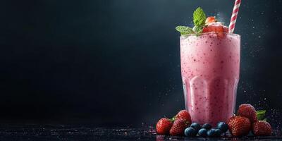 Refreshing fruit smoothie with strawberries and blueberries served in a glass against a dark background photo