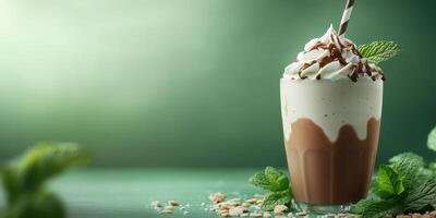 Delicious chocolate mint milkshake topped with whipped cream and chocolate drizzle served in a clear glass photo