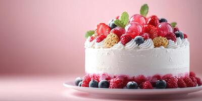 Decadent fruit-topped cake with vibrant colors and delicate decoration displayed on a simple white plate photo