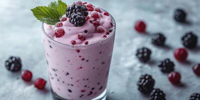 Delicious berry smoothie topped with fresh fruit and mint leaves in a clear glass on a textured countertop photo