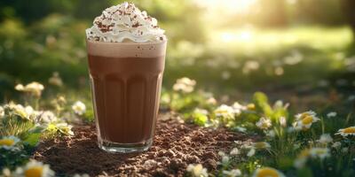 Delicious chocolate drink topped with whipped cream placed among flowers in a sunny garden setting photo
