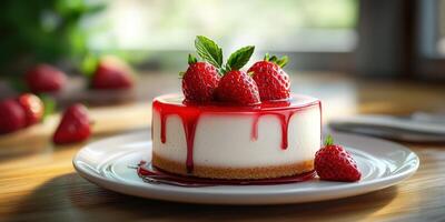 Delightful strawberry cheesecake served on a wooden table in a well-lit cafe during a sunny afternoon photo