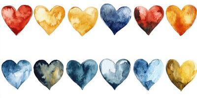 Colorful watercolor hearts in various shades arranged in a creative pattern photo