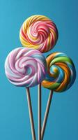 Colorful swirl lollipops against a bright blue background create a cheerful display perfect for candy lovers of all ages photo
