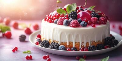 Delicious berry cheesecake topped with fresh fruits and glaze on a light purple table setting photo