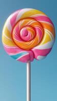 Colorful lollipop against a clear blue sky showcasing vibrant candy design photo