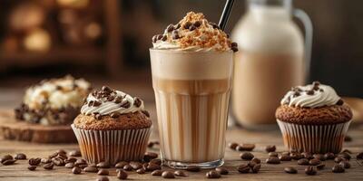 Delicious coffee shake served with chocolate cupcakes in a cozy cafe setting during afternoon photo