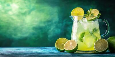 Refreshing lime beverage served in a pitcher with garnish and additional limes on a vibrant blue surface photo