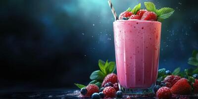 Refreshing berry smoothie with mint leaves served in glass on dark background photo