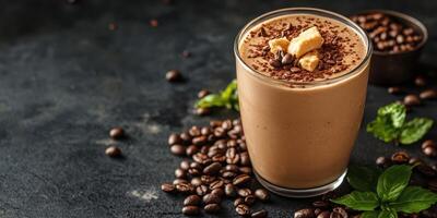 Delicious coffee-flavored smoothie garnished with chocolate and mint on a dark surface photo