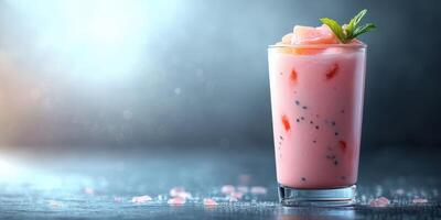 Refreshing pink drink with mint and fruit garnishes served on a dark textured surface photo