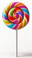 Colorful spiral lollipop with bright swirls standing on a white background photo