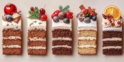 Festive cake display showcasing colorful layers and decorative toppings for the holiday season photo