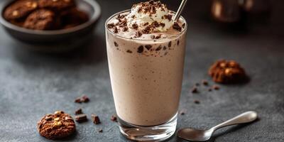 Creamy chocolate milkshake topped with whipped cream and chocolate shavings served with cookies photo