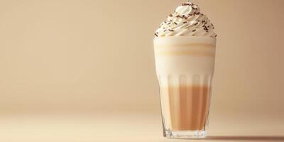 Delicious creamy dessert drink topped with whipped cream and chocolate sprinkles on a neutral background photo