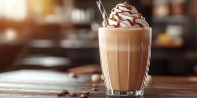 Refreshing caramel iced coffee with whipped cream served in a tall glass on a wooden table in a cozy cafe setting photo