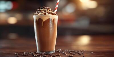 Creamy mocha drink topped with whipped cream and coffee beans in a cozy cafe setting photo