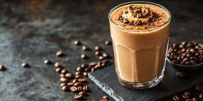 Creamy coffee smoothie served in a glass with coffee beans scattered on a dark stone surface photo