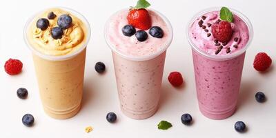 Colorful assortment of refreshing smoothies displayed on a white surface with fresh fruit toppings and garnishes photo