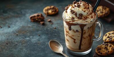 Creamy chocolate milkshake served in a glass with whipped cream and chocolate toppings alongside freshly baked cookies photo