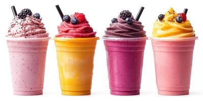 Colorful frozen beverages in clear cups arranged together on a white background, showcasing various fruit flavors and toppings photo