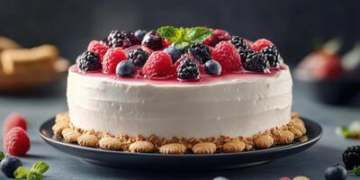 Delicious layered cake topped with fresh berries and mint served on a black platter photo