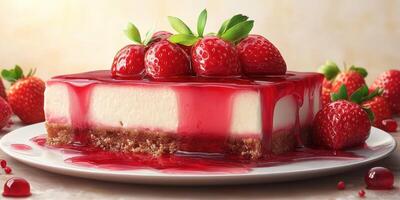 Delicious strawberry cheesecake dessert with vibrant red glaze and fresh berries on top photo