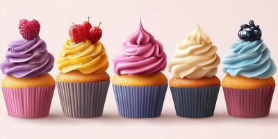 Colorful cupcakes displayed with various frosting flavors and toppings on a neutral background photo