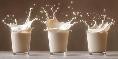 Milk splashes create a dynamic display in three glasses on a surface photo