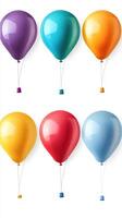 Colorful assortment of balloons arranged in two rows against a white background for festive occasions photo