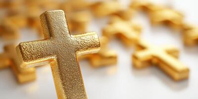 Golden crosses scattered on a reflective surface create a serene and spiritual atmosphere during a quiet moment of reflection photo