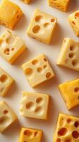 Sliced yellow cheese cubes arranged in a playful pattern on a clean background during daytime photo