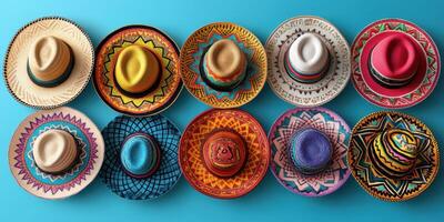 Vibrant collection of colorful straw hats arranged in a fun pattern on a bright blue background photo