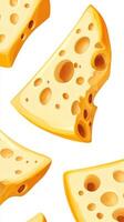 Colorful cheese slices scattered on a white background highlighting texture and holes in each piece photo