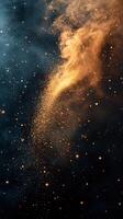 Dramatic display of golden dust swirling through a dark, smoky atmosphere during an artistic performance at nighttime photo