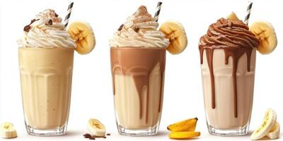 Delicious banana milkshakes in three flavors served in tall glasses with whipped cream and fresh banana slices photo