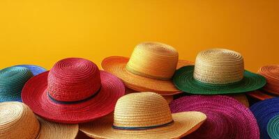 Colorful straw hats arranged against a warm yellow background showcasing various styles and shades photo