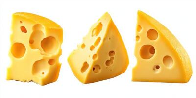 Various types of cheese with distinct textures and colors displayed side by side on a white background photo